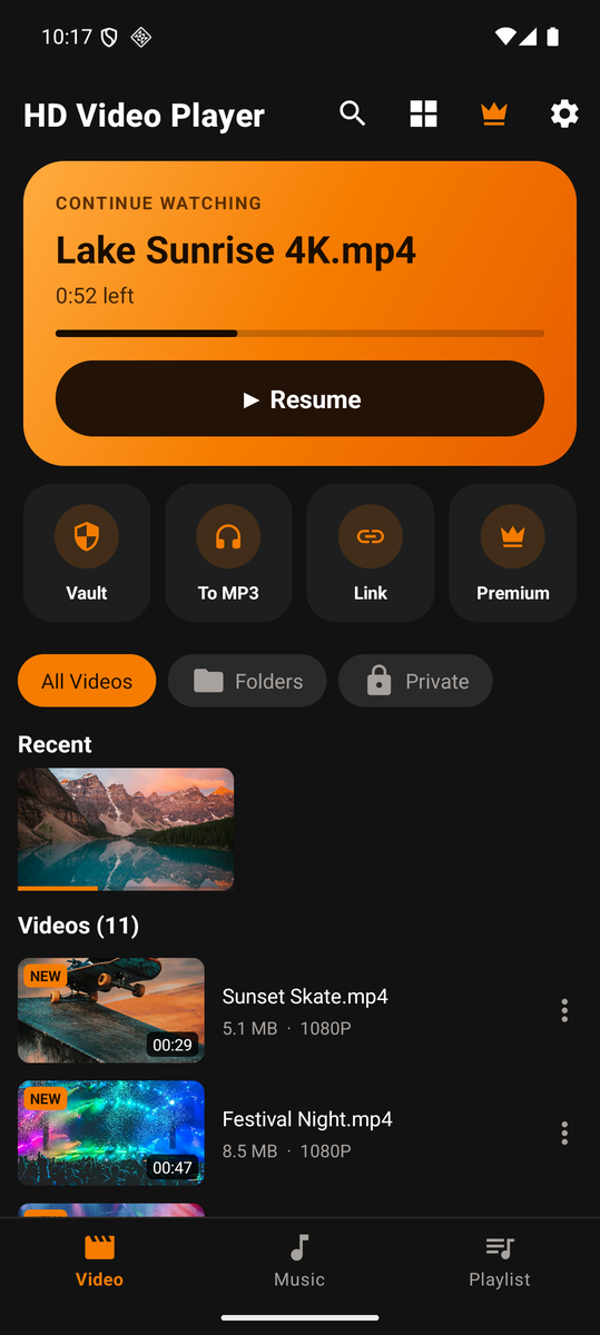 HD Video Player home screen